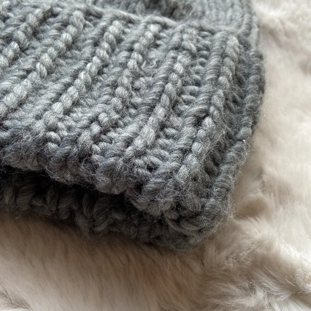 Grey beanie chunky braided knit wide fold over winter hat accessories OSFM